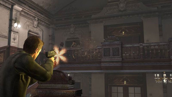 Video game character firing a pistol in an ornate building.Character firing a gun in a video game scene.