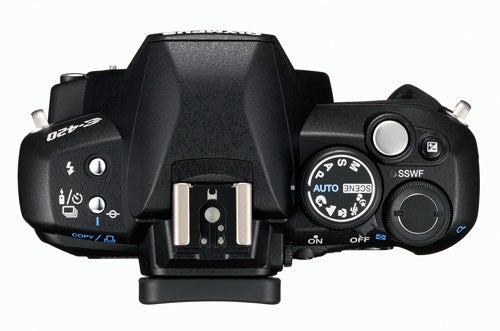 Olympus E-420 DSLR camera top view showing controls.
