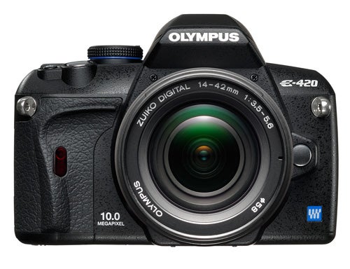 Olympus E-420 DSLR camera with 14-42mm lens.Olympus E-420 Digital SLR camera front view.