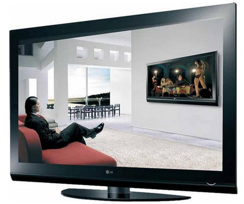 Man watching LG 42-inch plasma TV in a modern living room.Man watching LG 42PG6000 Plasma TV in a modern living room.