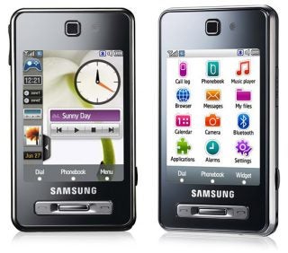 Samsung Tocco F480 phone showing home screen and menu icons.