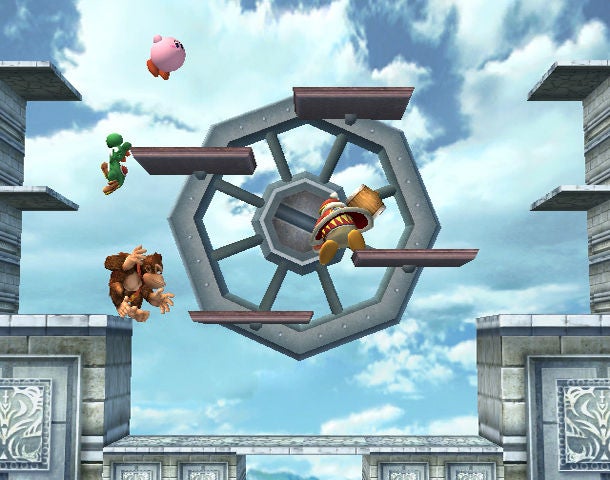 Super Smash Bros. Brawl characters fighting on in-game stage.Super Smash Bros. Brawl gameplay screenshot with four characters.