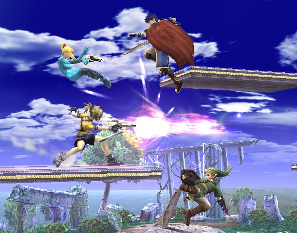 Super Smash Bros. Brawl characters battling on in-game stage.Characters fighting in Super Smash Bros. Brawl game scene.