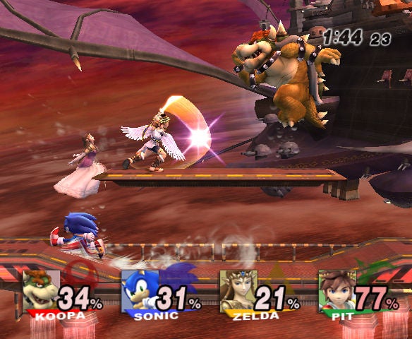 Super Smash Bros. Brawl gameplay with Bowser, Sonic, Zelda, and Pit.