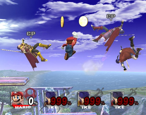 Super Smash Bros. Brawl screenshot with characters Mario and Ike fighting.Super Smash Bros. Brawl gameplay with characters Mario and Ike fighting.