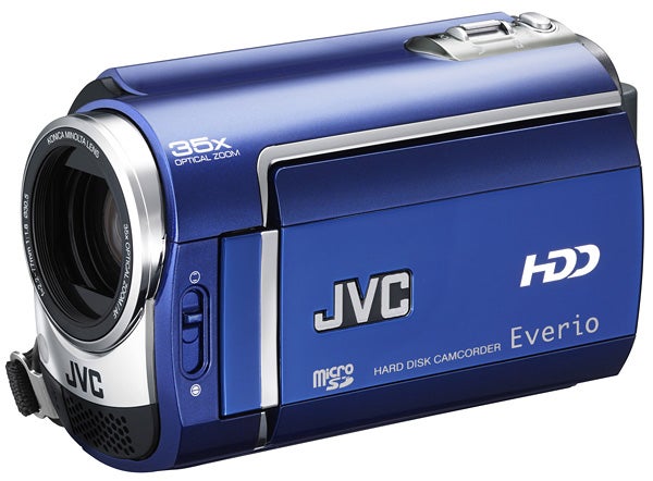 JVC Everio GZ-MG330 camcorder with 35x optical zoom.JVC Everio GZ-MG330 camcorder in blue color.