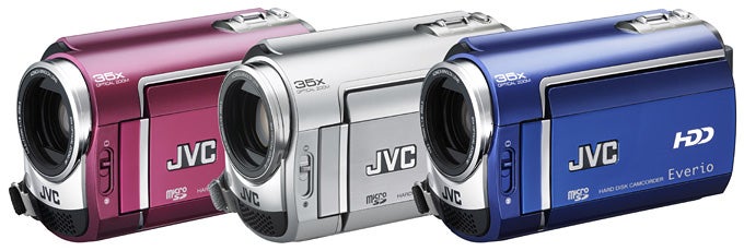 Three JVC Everio GZ-MG330 camcorders in pink, silver, and blue.