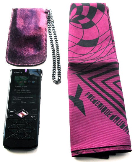 Nokia 7900 Crystal Prism phone with stylish pink case.Nokia 7900 Crystal Prism phone with pink patterned case.