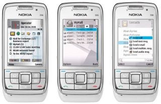 Three Nokia E66 phones showing different functions.