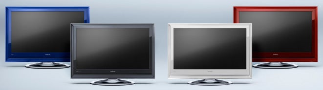 Hitachi UT42MX70 LCD TVs in various colors on display.Hitachi UT42MX70 LCD TVs in blue, black, silver, and red.