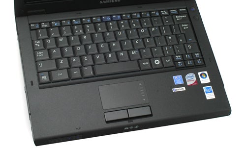 Close-up of Samsung Q45 notebook keyboard and touchpad.