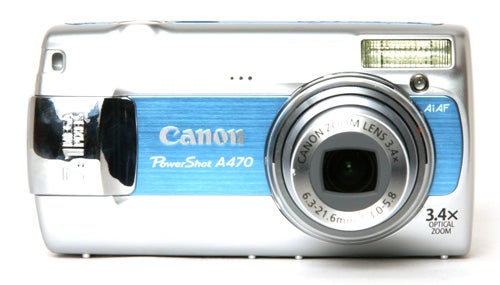 Canon PowerShot A470 digital camera displayed on white background.Canon PowerShot A470 digital camera on white background.