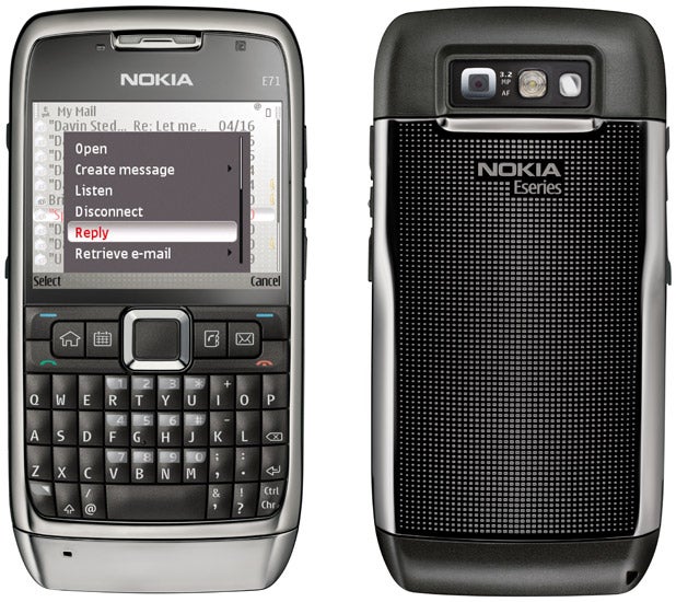 Front and back view of Nokia E71 smartphone.