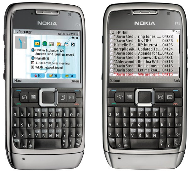 Nokia E71 smartphone showing home screen and email application.Nokia E71 smartphone displaying home screen and email inbox