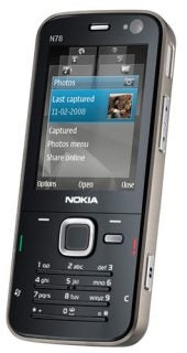 Nokia N78 smartphone showing screen and keypad.