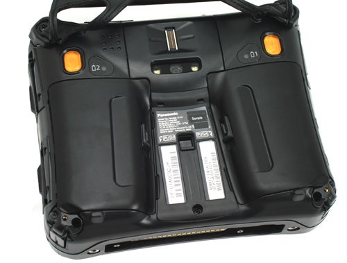 Panasonic ToughBook CF-U1 Rugged UMPC showing backside and battery compartment.Backside view of a Panasonic ToughBook CF-U1 showing battery slots.