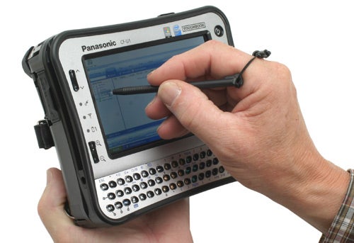 Person holding Panasonic ToughBook CF-U1 with stylus