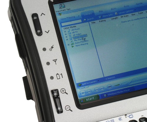 Close-up of Panasonic ToughBook CF-U1 with screen display.Close-up of Panasonic ToughBook CF-U1 showing screen and buttons.