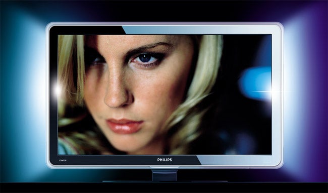 Philips Cineos LCD TV displaying a close-up of a woman's face.