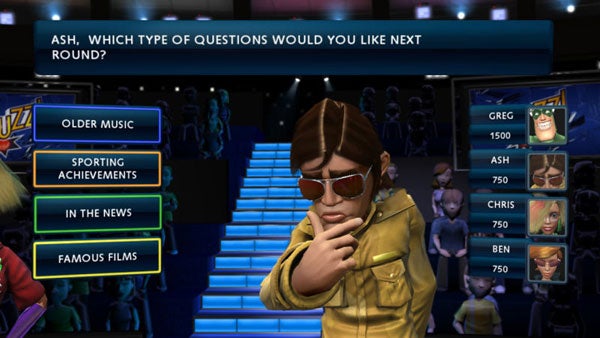 Screenshot of Buzz! Quiz TV gameplay with multiple-choice question.Screenshot from Buzz! Quiz TV game showing multiple-choice question options.