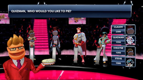 Screenshot of Buzz! Quiz TV game with characters and score display.Screenshot of Buzz! Quiz TV game showing characters on stage.