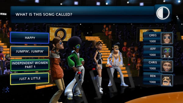 Screenshot of Buzz! Quiz TV gameplay with question and avatars.Screenshot of Buzz! Quiz TV gameplay with multiple-choice question.