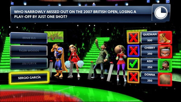 Buzz! Quiz TV screenshot showing trivia question and avatar contestants.Screenshot of Buzz! Quiz TV gameplay with trivia question displayed.