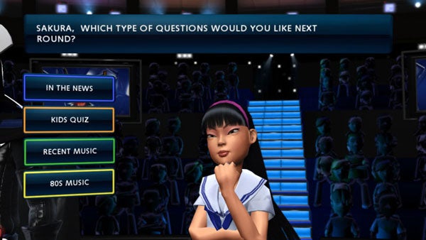 Screenshot from Buzz! Quiz TV game showing character and category options.Screenshot of Buzz! Quiz TV gameplay with character and question categories.