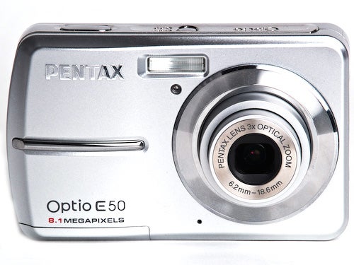 Pentax Optio E50 digital camera on white background.