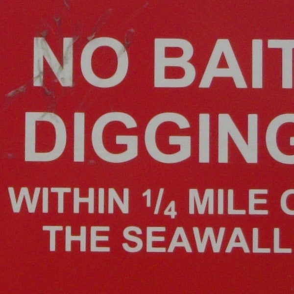 Red sign with text Sign with text about bait digging prohibition near seawall.