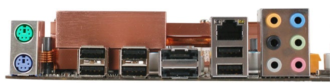 Biostar TPower I45 motherboard rear I/O panel.Biostar TPower I45 motherboard rear I/O ports and connectors.
