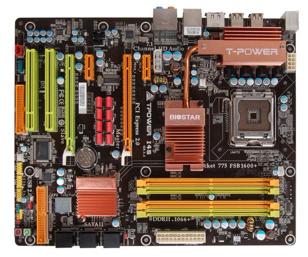 Biostar TPower I45 motherboard with labeled components.