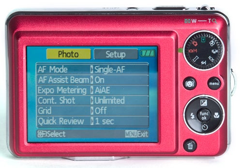 Red General Electric G2 camera with on-screen menu settings displayed.