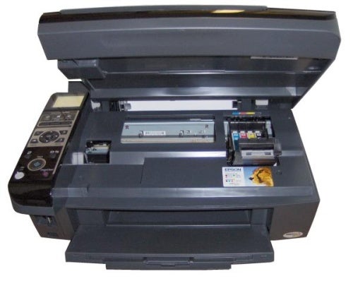 Epson Stylus SX400 Inkjet printer with open scanner lidEpson Stylus SX400 Inkjet MFP with open scanner lid.