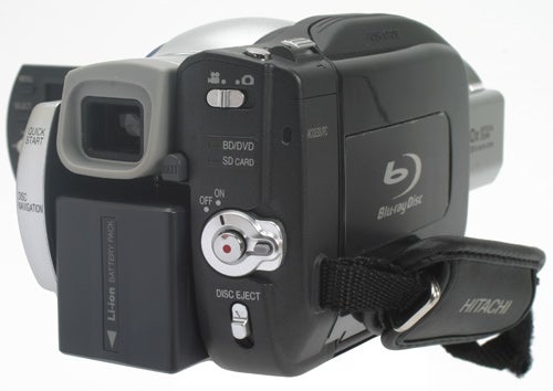 Hitachi DZ-BD70E Blu-ray camcorder on white background.Hitachi DZ-BD70E Blu-ray camcorder with wrist strap.