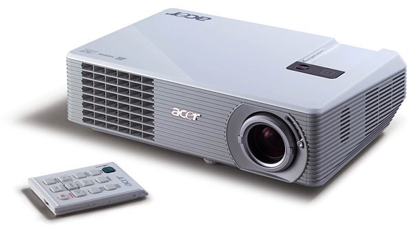Acer H5350 DLP Projector with remote control on white background.Acer H5350 DLP Projector with remote control.