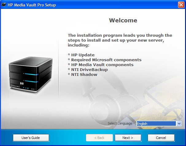 HP Media Vault Pro mv5020 setup welcome screen with options.HP Media Vault Pro mv5020 setup screen with installation steps listed.
