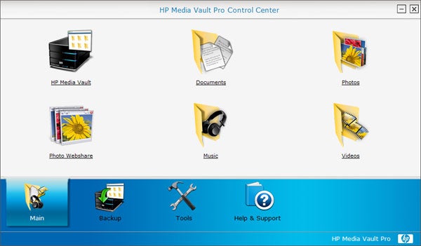 Screenshot of HP Media Vault Pro Control Center interface.Screenshot of HP Media Vault Pro control center software interface.