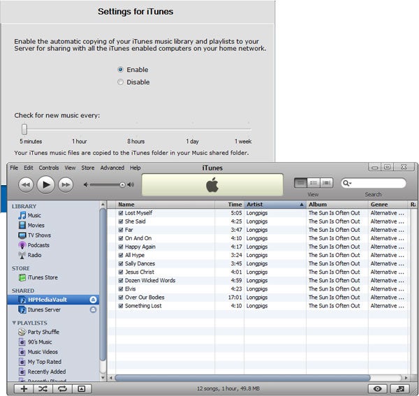 Screenshot of HP Media Vault Pro mv5020 iTunes server settings.Screenshot showing iTunes settings for HP MediaVault sharing.