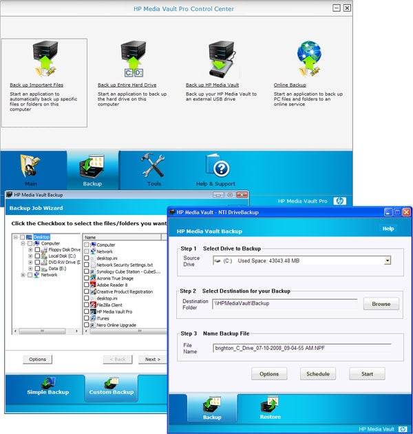 Screenshot of HP Media Vault Pro software interface.Screenshot of HP Media Vault Pro mv5020 backup software interface.