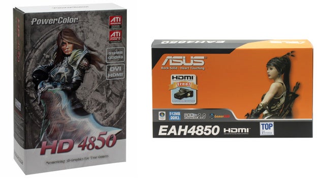 PowerColor and ASUS Radeon HD 4850 graphics card boxes.PowerColor and ASUS ATI Radeon HD 4850 graphics card boxes.
