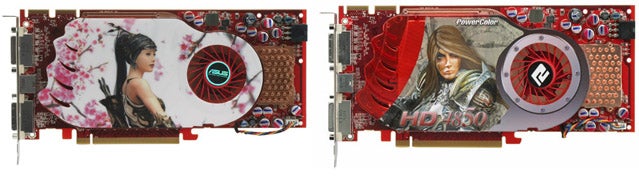 AMD ATI Radeon HD 4850 graphics cards with artistic designs.Two AMD ATI Radeon HD 4850 graphics cards with artistic designs