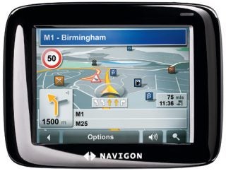 Navigon 2100 Sat Nav device showing map and directions.