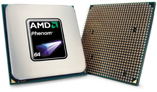 AMD Phenom X4 9350e processor showing top and bottom views.AMD Phenom X4 9350e CPU front and back view.