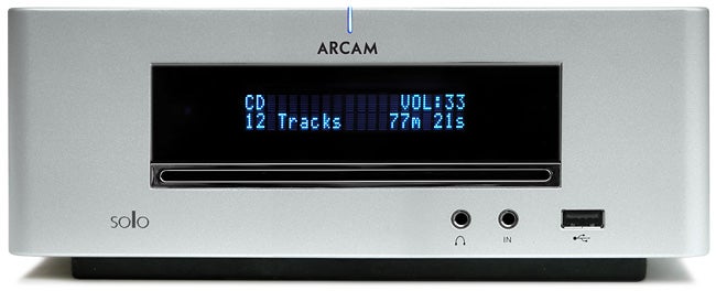Arcam Solo Mini Hi-Fi system front view displaying CD track information