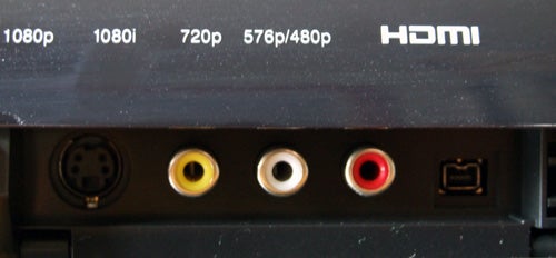HDMI and audio connectors on Toshiba RD-98DT HDD/DVD Recorder.Close-up of Toshiba RD-98DT recorder's HDMI and audio connections.