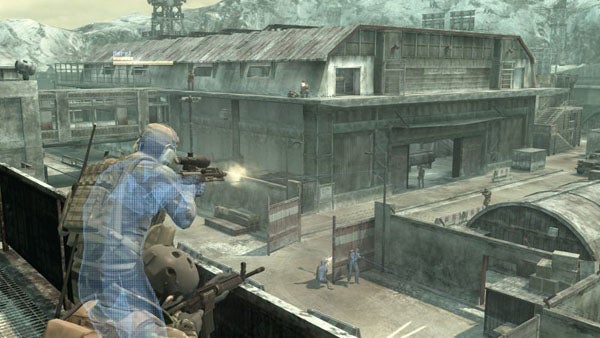 Screenshot of gameplay in Metal Gear Online, snowy military base.