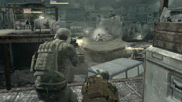 Screenshot of gameplay in Metal Gear Online showing two soldiers.Players in combat in Metal Gear Online game.