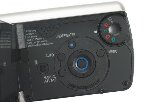 Close-up of Panasonic SDR-SW20 camcorder's waterproof control panel.