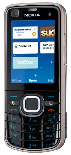 Nokia 6220 Classic phone displaying social media apps.